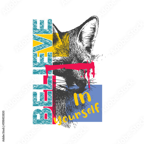Believe in yourself With Dog Illustration Wearing Hat, Vector Typography