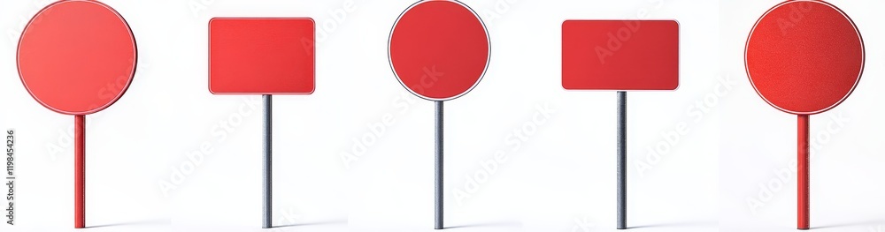 Red signs, round and square shapes on sticks. Red signs, round and square shapes on sticks.
