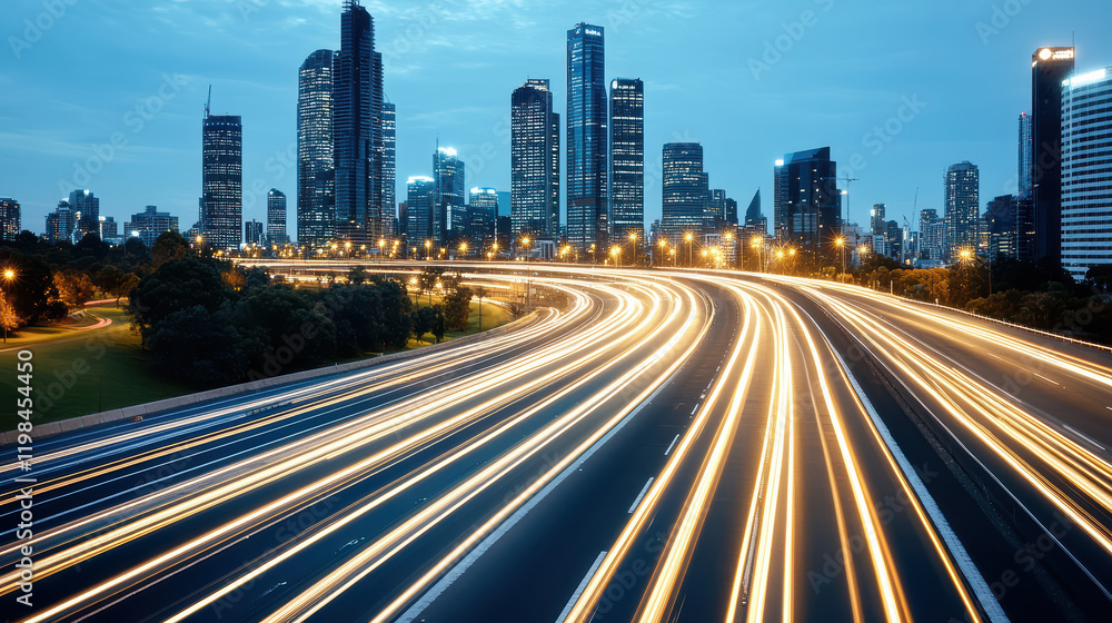 City skyline with light trails from traffic at dusk, showcasing urban life City skyline with light trails from traffic at dusk, showcasing urban life