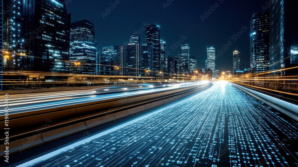 Obraz premium vibrant cityscape at night with illuminated buildings and light trails