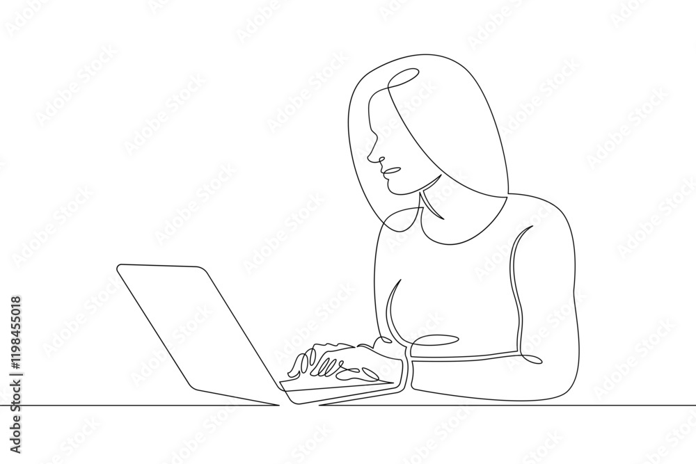 Young woman sits working at a laptop computer. The designer manager works on the Internet. One continuous drawing line, logo single hand drawn art doodle isolated minimal illustration. Young woman sits working at a laptop computer. The designer manager works on the Internet. One continuous drawing line, logo single hand drawn art doodle isolated minimal illustration.