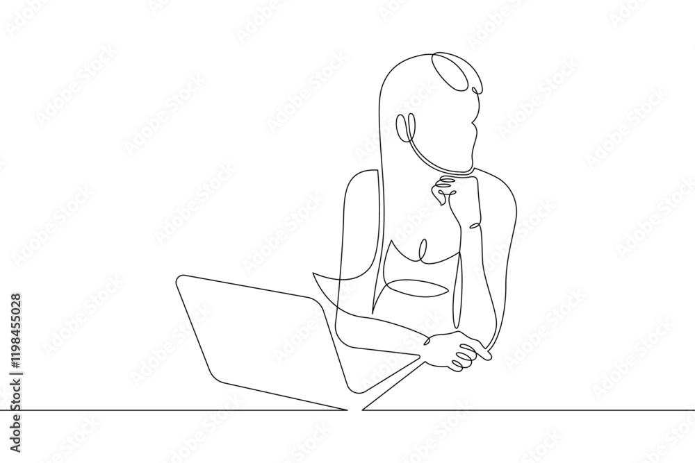 Young woman sits working at a laptop computer. The designer manager works on the Internet. One continuous drawing line, logo single hand drawn art doodle isolated minimal illustration. Young woman sits working at a laptop computer. The designer manager works on the Internet. One continuous drawing line, logo single hand drawn art doodle isolated minimal illustration.
