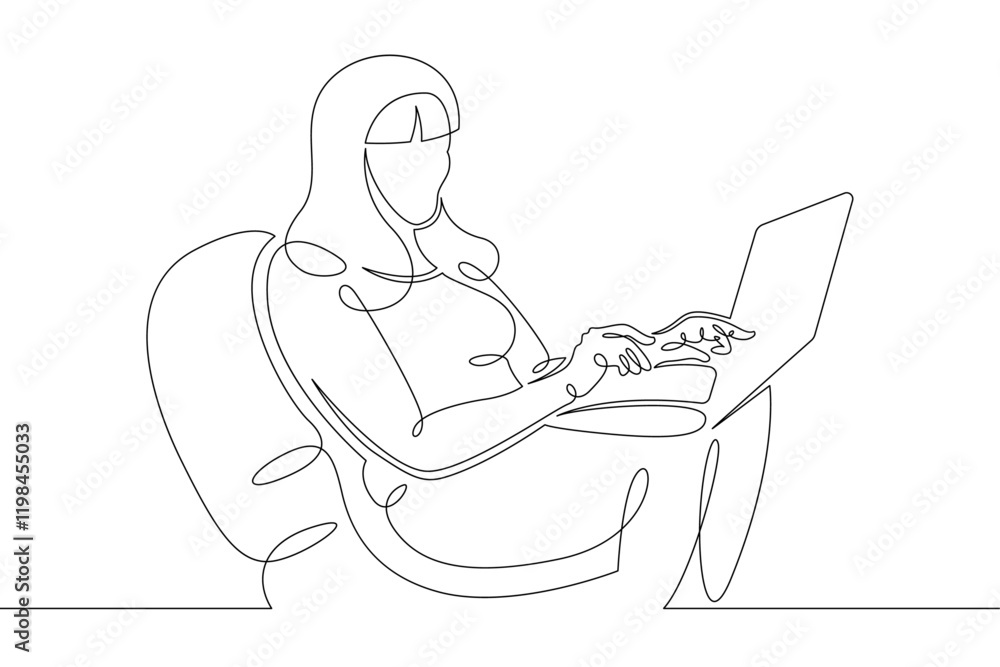 Young woman sits working at a laptop computer. The designer manager works on the Internet. One continuous drawing line, logo single hand drawn art doodle isolated minimal illustration. Young woman sits working at a laptop computer. The designer manager works on the Internet. One continuous drawing line, logo single hand drawn art doodle isolated minimal illustration.