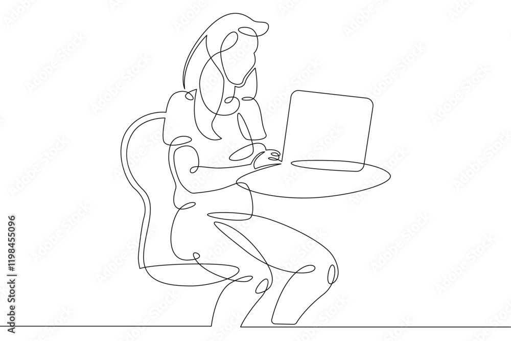 Young woman sits working at a laptop computer. The designer manager works on the Internet. One continuous drawing line, logo single hand drawn art doodle isolated minimal illustration. Young woman sits working at a laptop computer. The designer manager works on the Internet. One continuous drawing line, logo single hand drawn art doodle isolated minimal illustration.