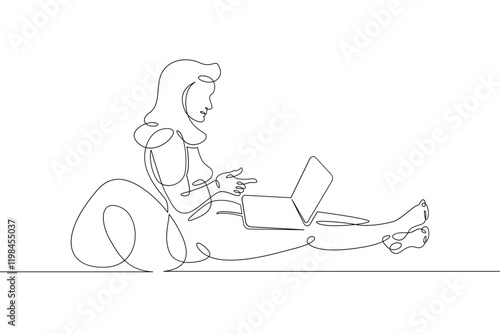 Young woman sits working at a laptop computer. The designer manager works on the Internet. One continuous drawing line, logo single hand drawn art doodle isolated minimal illustration.