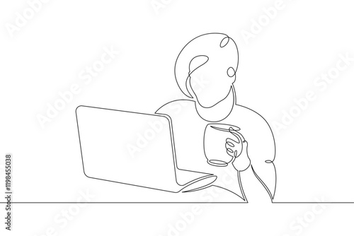 Young woman sits working at a laptop computer. The designer manager works on the Internet. One continuous drawing line, logo single hand drawn art doodle isolated minimal illustration.