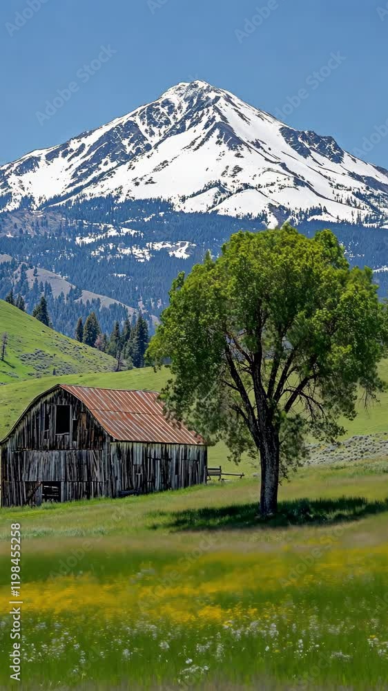 Old barn and solitary tree under a snow-capped mountain in a vibrant green meadow during sunny weather Old barn and solitary tree under a snow-capped mountain in a vibrant green meadow during sunny weather
