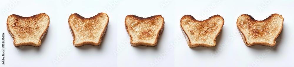 Five slices of golden-brown toasted bread arranged in a row. Five slices of golden-brown toasted bread arranged in a row.
