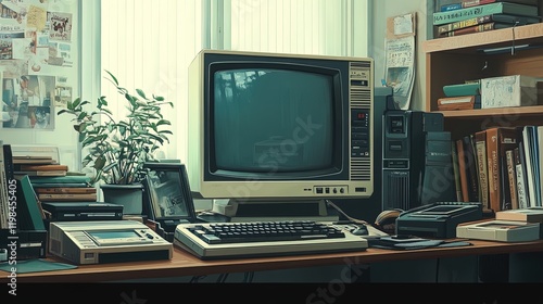 A retro computer setup from the 1990s, CRT monitor, floppy disks, and a desk cluttered with old technology