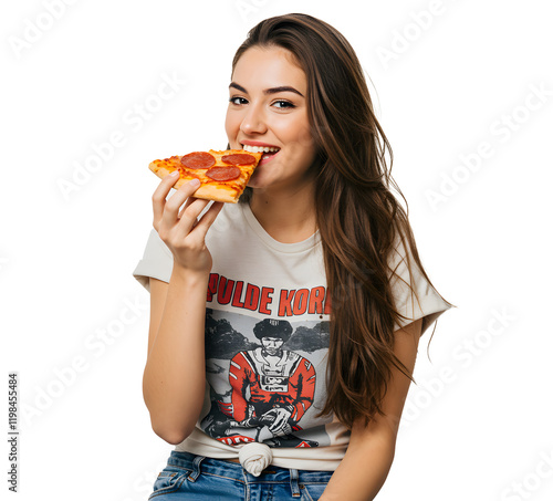 Beautiful woman eating a slice of pizza 