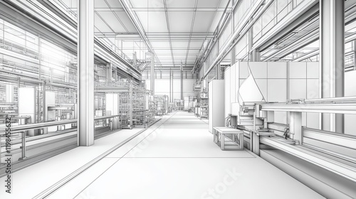 Interior perspective of a modern industrial facility with open spaces and structured design elements. photo