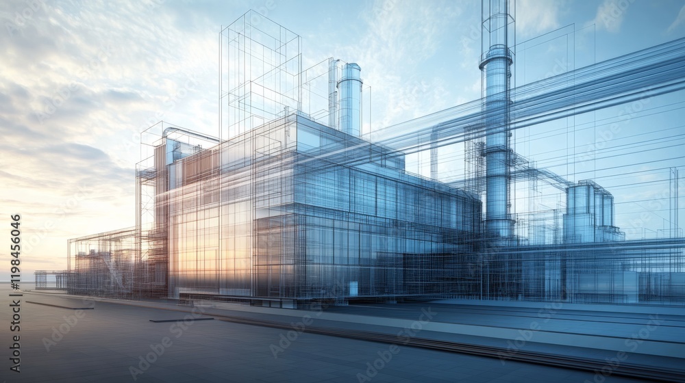 A futuristic industrial building rendered in a wireframe style, showcasing complex structures against a serene sky. A futuristic industrial building rendered in a wireframe style, showcasing complex structures against a serene sky.