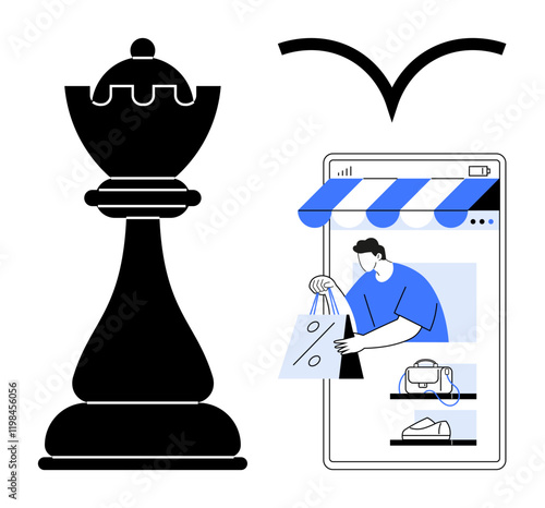 Chess king piece representing strategy next to a mobile phone screen depicting online shopping. Ideal for strategy, e-commerce, decision-making, retail, technology integration, planning, efficiency