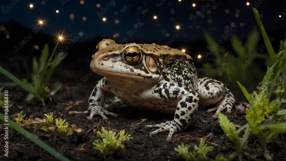 Fototapeta premium Nighttime Wanderer: Midwife Toad Under a Starlit Sky