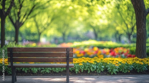 Fototapeta Naklejka Na Ścianę i Meble -  Wooden park bench overlooking colorful flower bed and green tree