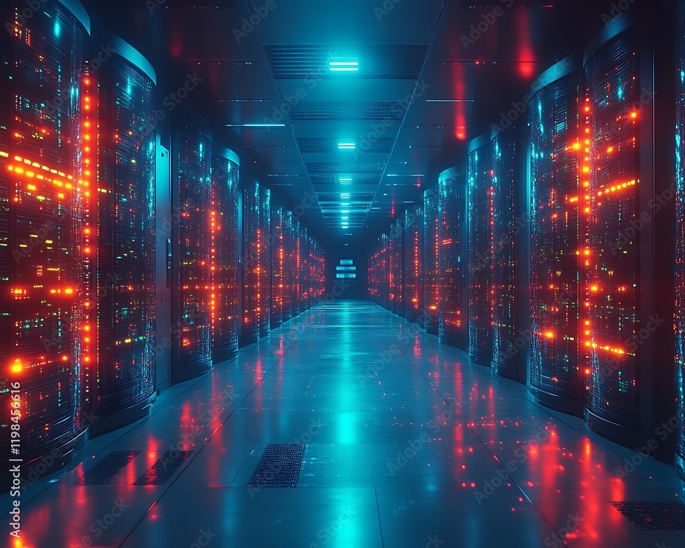 Illuminated server room corridor with glowing racks. Illuminated server room corridor with glowing racks.