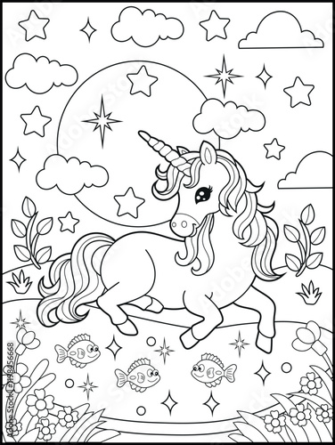Black and white printable Unicorn coloring pages for kids. Children's coloring books with cute unicorn cartoon character, fun and educational materials for kindergarten.
