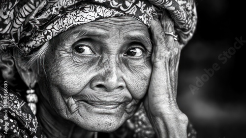 Close-up black and white portrait of an elderly woman with a thoughtful expression and traditional headwear, wrinkles, and ethnic details. photo