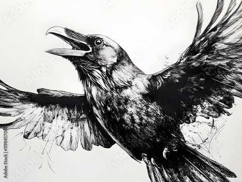 raven head looking upward , wings open wide , dynamic , pen and ink photo