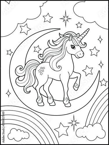 Black and white printable Unicorn coloring pages for kids. Children's coloring books with cute unicorn cartoon character, fun and educational materials for kindergarten.
