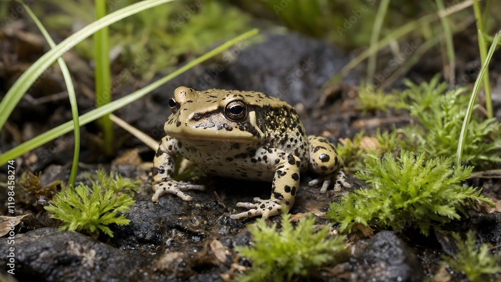 Obraz premium Bio diverse Haven: Midwife Toad in Rocky Landscape with Water Features