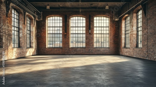 Wallpaper Mural Spacious industrial interior with large windows, brick walls, and a polished concrete floor, creating a bright and airy atmosphere. Torontodigital.ca