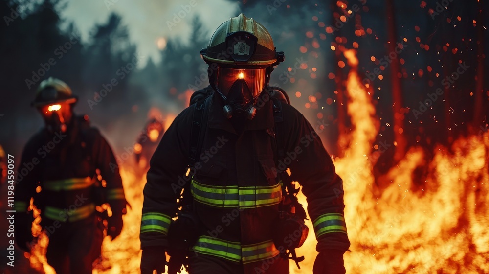 Naklejka premium Brave Firefighters Battling Forest Inferno Wildfire Scene Night Action-Packed Rescue