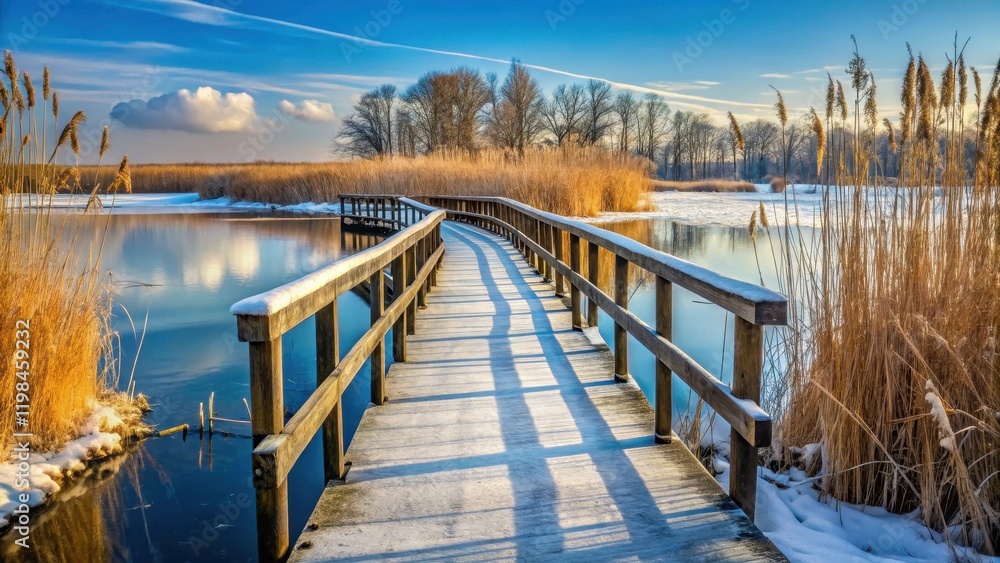 Naklejka premium A Serene Winter Walkway Across a Frosty Lake, Surrounded by Golden Reeds and Snow-Covered Banks under a Clear Blue Sky
