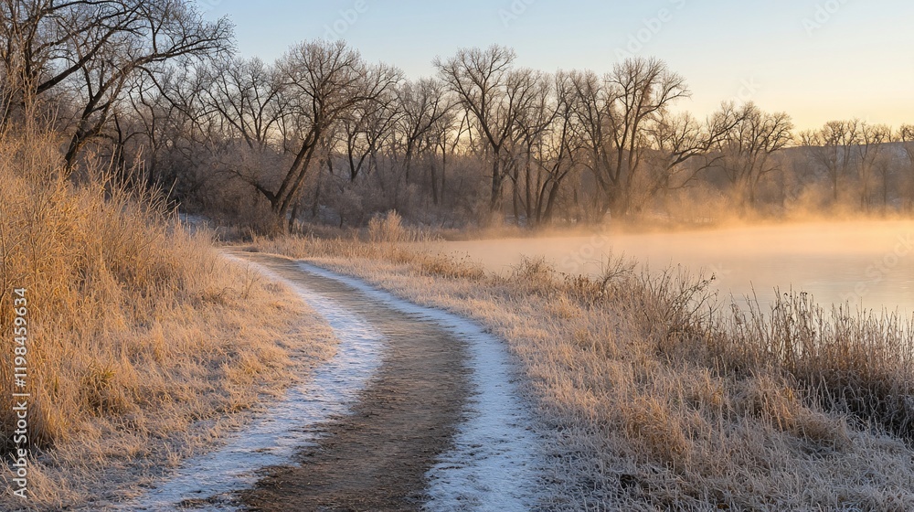 Frosty sunrise path along a calm river, with mist rising from the water. Frosty sunrise path along a calm river, with mist rising from the water.