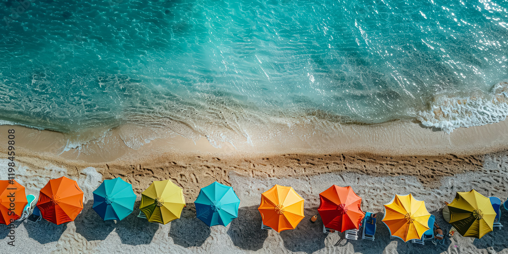 Row of colorful umbrellas on a beach. The umbrellas are of different colors and sizes, and they are all open. The beach is calm and peaceful, with the water in the background Row of colorful umbrellas on a beach. The umbrellas are of different colors and sizes, and they are all open. The beach is calm and peaceful, with the water in the background