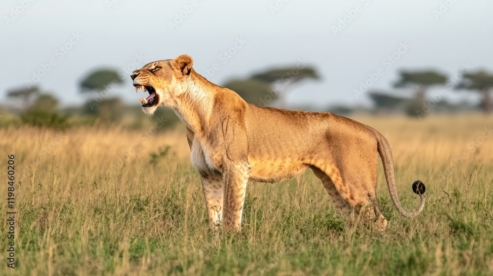 Lioness Roaring: A majestic lioness stands tall in the African savanna, her powerful roar echoing across the grasslands. Her golden coat gleams in the morning light. Lioness Roaring: A majestic lioness stands tall in the African savanna, her powerful roar echoing across the grasslands. Her golden coat gleams in the morning light.