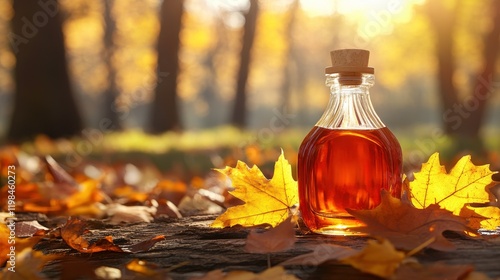 Beautiful glass bottle filled with golden syrup placed on colorful autumn leaves in a forest landscape during the warm sunset glow of fall season.