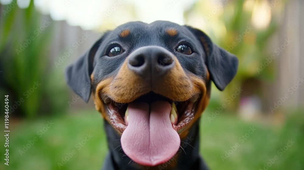 Joyful Doberman: A close-up shot of a happy Doberman Pinscher, tongue lolling, with a cheerful expression. The dog's warm brown and black coat contrasts beautifully against the vibrant green grass. 