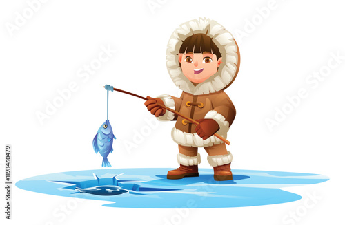 Cute eskimo boy fishing on ice, holding a fish and rod, wearing traditional fur outfit. Vector cartoon illustration