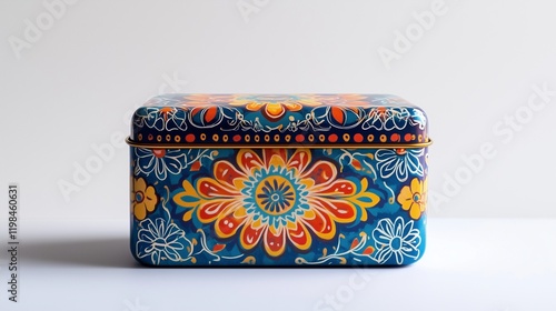 A radiant candy tin with intricate, bold designs, centered on a white surface.