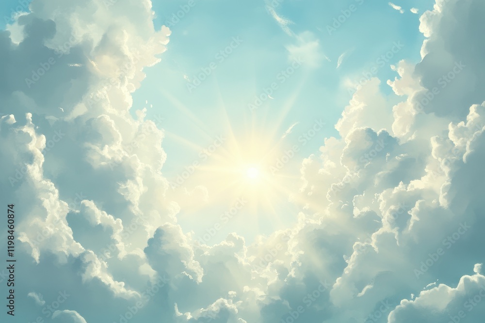 A bright sun shining through white fluffy clouds in a blue sky. A bright sun shining through white fluffy clouds in a blue sky.