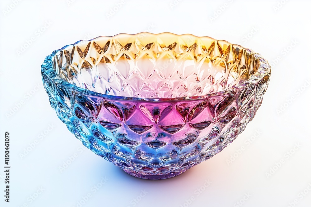 Fototapeta premium A radiant crystal bowl with intricate rainbow reflections displayed on a white background.