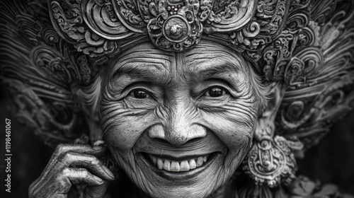 Close-up grayscale portrait of an elderly woman with intricate headdress,  showing a joyful expression.  Detailed facial wrinkles and ornaments highlight her age and cultural heritage. photo