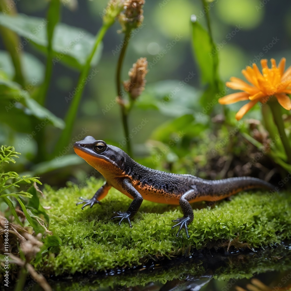 Obraz premium Ecological Interaction: Smooth Newt Among Diverse Ecosystem Creatures