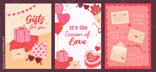 Collection of Love season and Valentines day sweet desserts gifts, cake and letter poster vector illustration