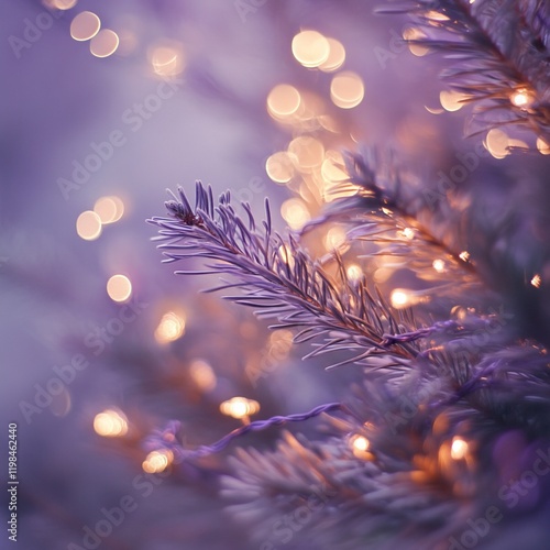 Wallpaper Mural Close-up of frosted pine branch with warm fairy lights, bokeh background. Torontodigital.ca
