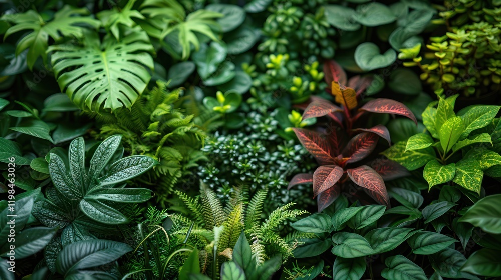 Fototapeta premium A vibrant tropical foliage backdrop featuring lush green leaves and colorful flowers