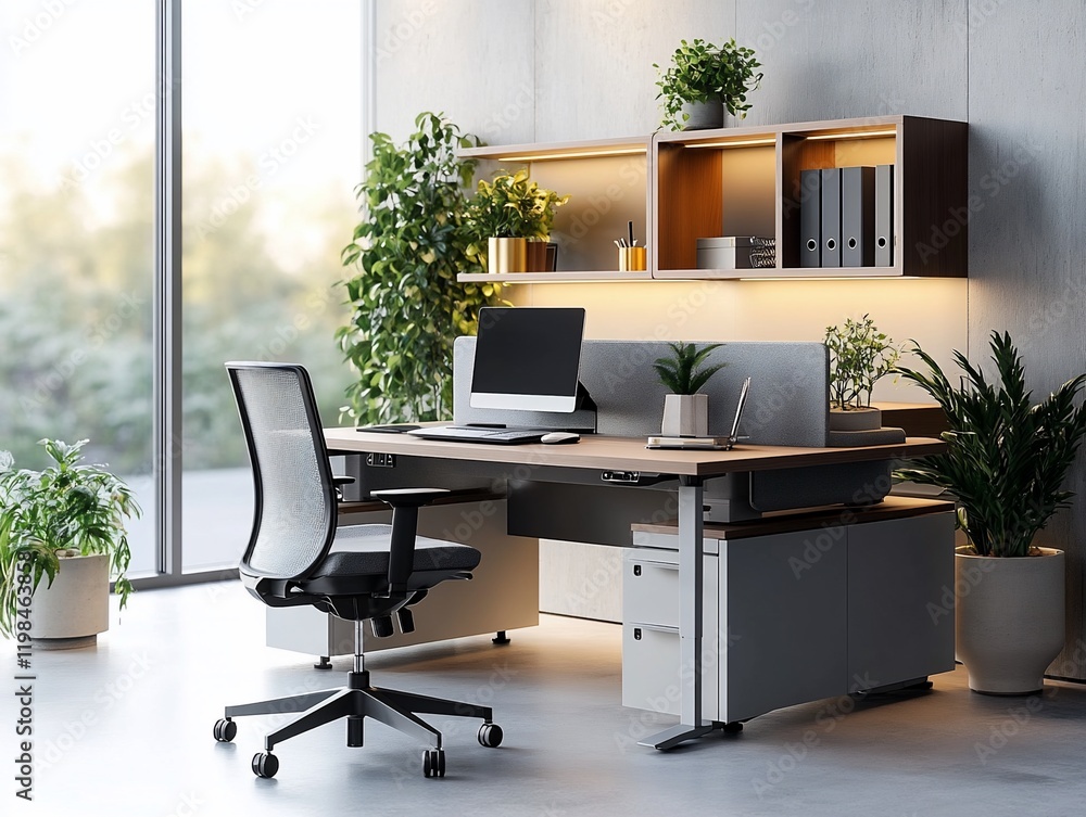 Fototapeta premium Modern minimalist home office with standing desk, computer, plants, and large window.