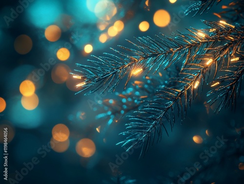 Wallpaper Mural Close-up of a frosted pine branch with warm lights and bokeh background. Torontodigital.ca