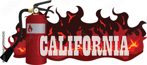 Vector graphic illustration of wildfire in the state of California, USA. California writing with a background of burning fire and additional fire extinguishers.