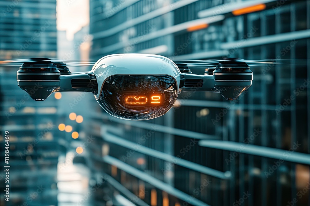 A sleek drone hovers in a modern cityscape, showcasing advanced technology against a backdrop of skyscrapers and urban illumination. A sleek drone hovers in a modern cityscape, showcasing advanced technology against a backdrop of skyscrapers and urban illumination.