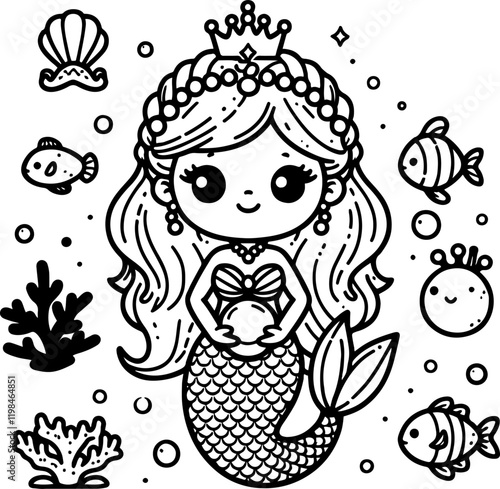 Cute cartoon girl mermaid with long hair, a smiling face. Suitable for coloring page