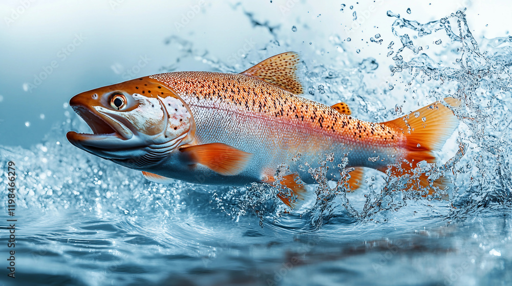 A single salmon fish, its light pink body shimmering with the slightest gleam of orange, leaping dynamically from crystal-clear ocean-blue water. Suitable for marketing or business purposes A single salmon fish, its light pink body shimmering with the slightest gleam of orange, leaping dynamically from crystal-clear ocean-blue water. Suitable for marketing or business purposes