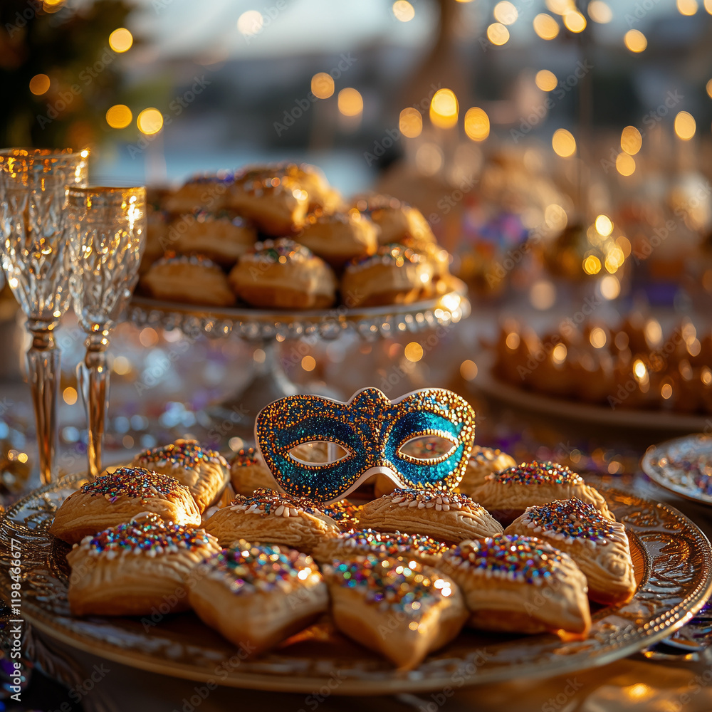 a close-up of a Purim table adorned with bright decorations, including glitter masks, mini groggers, and confetti, with a centerpiece of hamantaschen cookies a close-up of a Purim table adorned with bright decorations, including glitter masks, mini groggers, and confetti, with a centerpiece of hamantaschen cookies