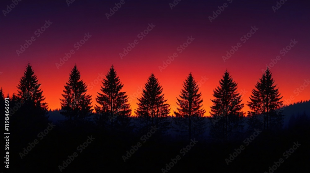A serene landscape featuring silhouetted pine trees against a vibrant sunset, perfect for calming designs, nature-themed projects, or seasonal events. A serene landscape featuring silhouetted pine trees against a vibrant sunset, perfect for calming designs, nature-themed projects, or seasonal events.